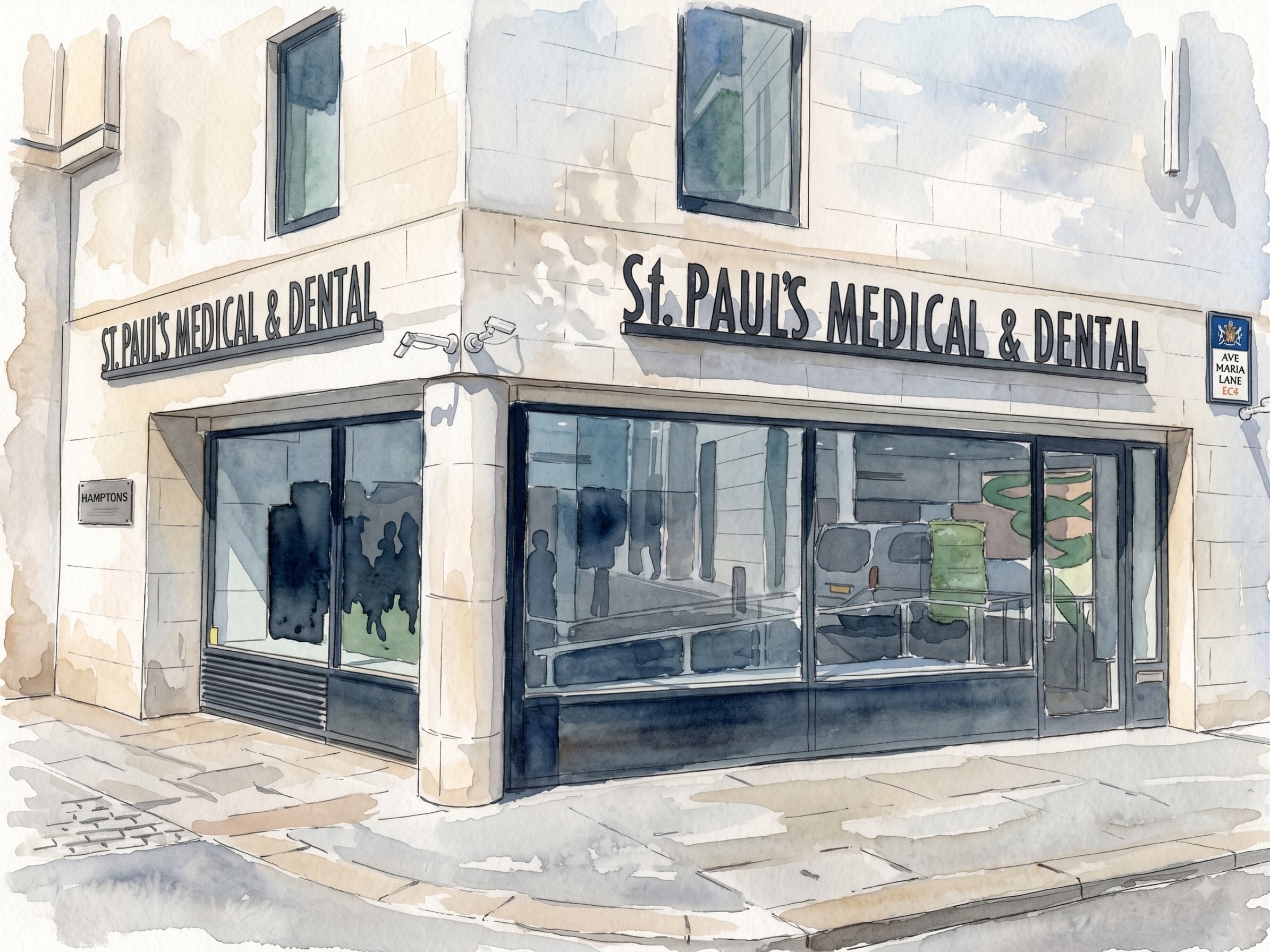 St Paul's Medical and Dental Clinic shop front at 5 Ave Maria Lane, City of London